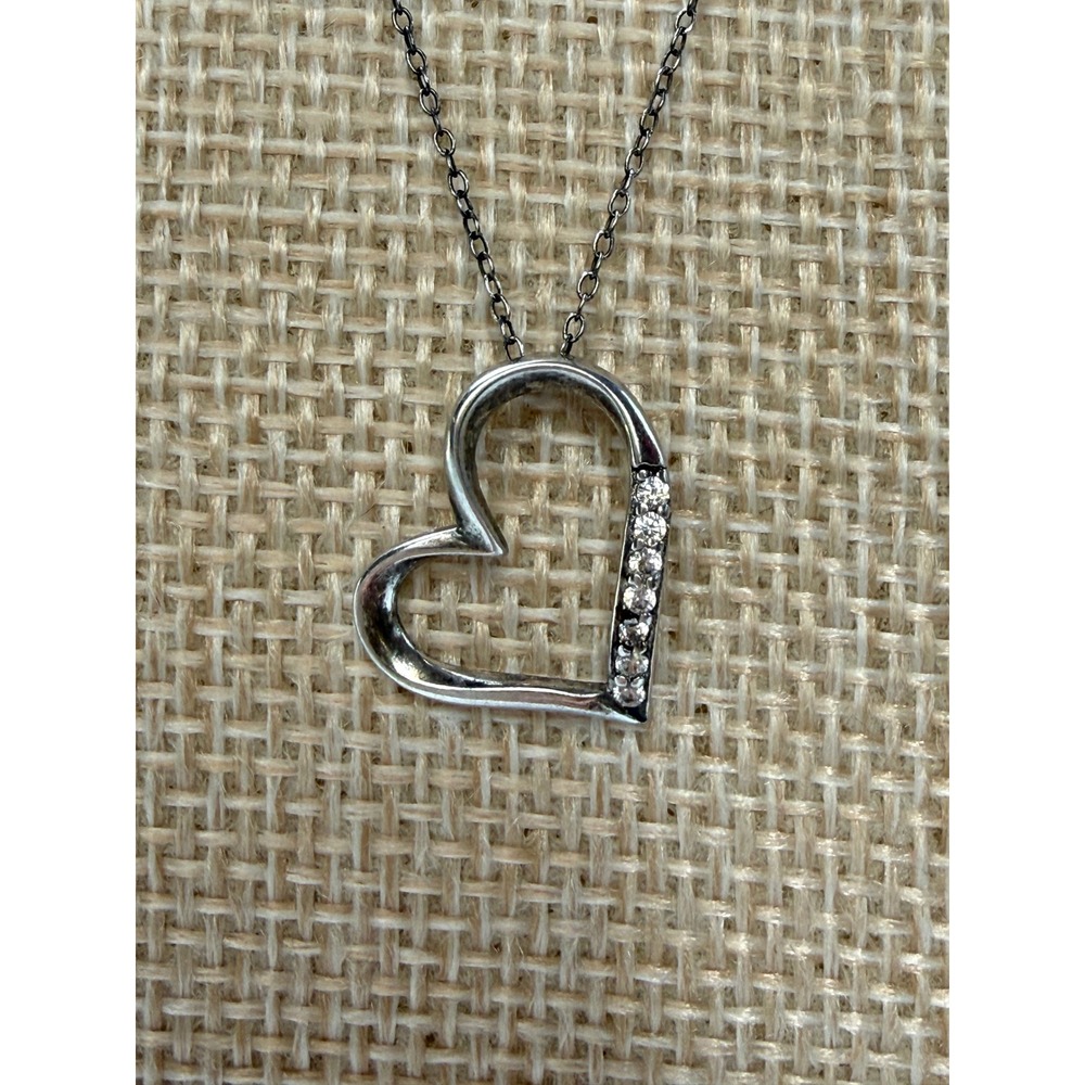 SPI Sterling Silver 925 India Open Heart Pendant Necklace Clear Stones 18 In